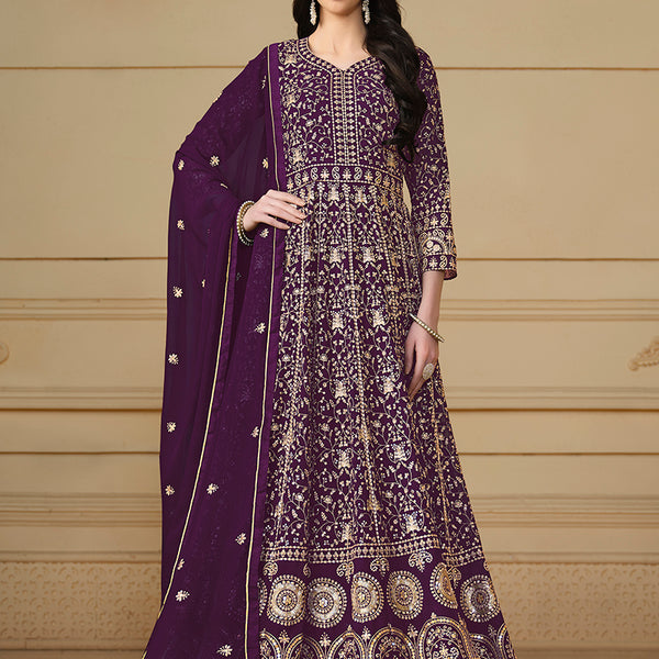Monjolika Fashion Faux Georgette Embroidered Purple Anarkali Salwar Suit - Distacart
