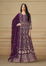 Thumbnail for Monjolika Fashion Faux Georgette Embroidered Purple Anarkali Salwar Suit