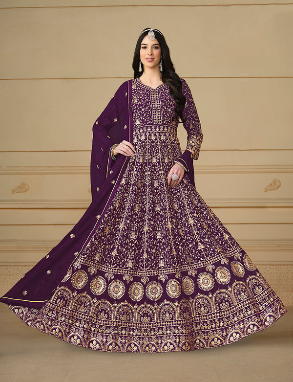 Monjolika Fashion Faux Georgette Embroidered Purple Anarkali Salwar Suit