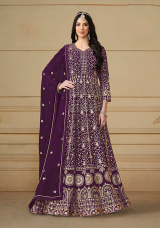 Monjolika Fashion Faux Georgette Embroidered Purple Anarkali Salwar Suit