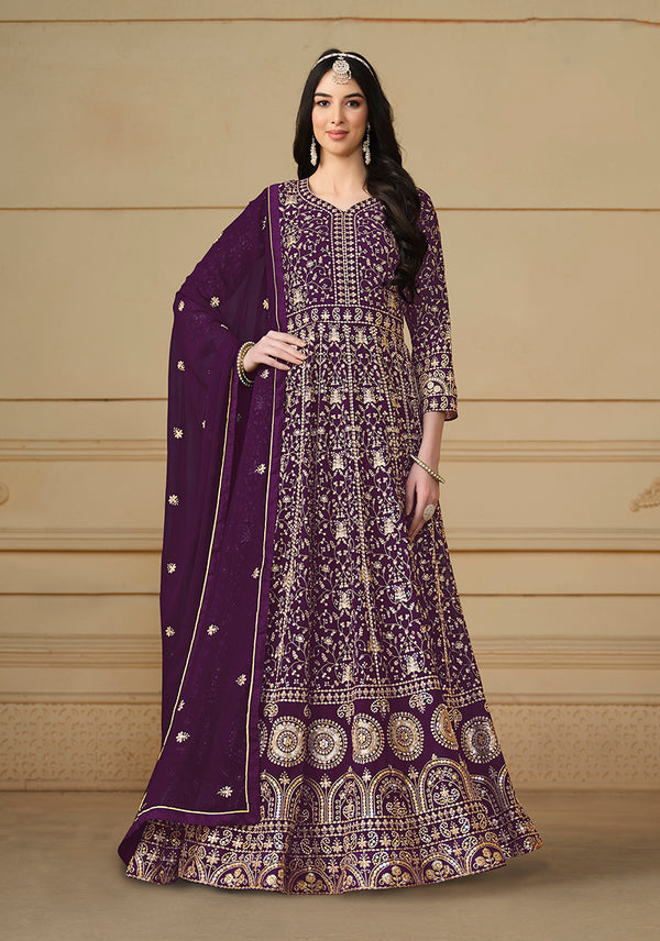 Monjolika Fashion Faux Georgette Embroidered Purple Anarkali Salwar Suit