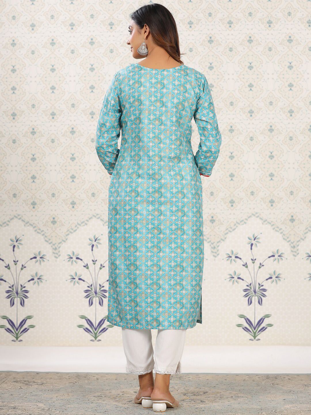 Ode by House of Pataudi Sea Green Ethnic Printed Tie-Up Neck Gotta Patti Straight Kurta - Distacart