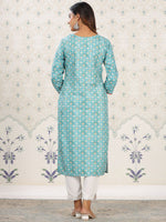 Thumbnail for Ode by House of Pataudi Sea Green Ethnic Printed Tie-Up Neck Gotta Patti Straight Kurta - Distacart