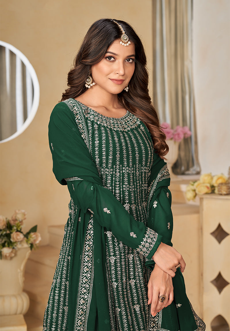 Monjolika Fashion Embroidered Green Faux Georgette Trendy Salwar Kameez