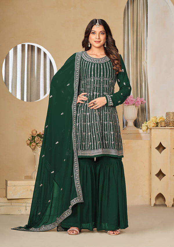 Monjolika Fashion Embroidered Green Faux Georgette Trendy Salwar Kameez