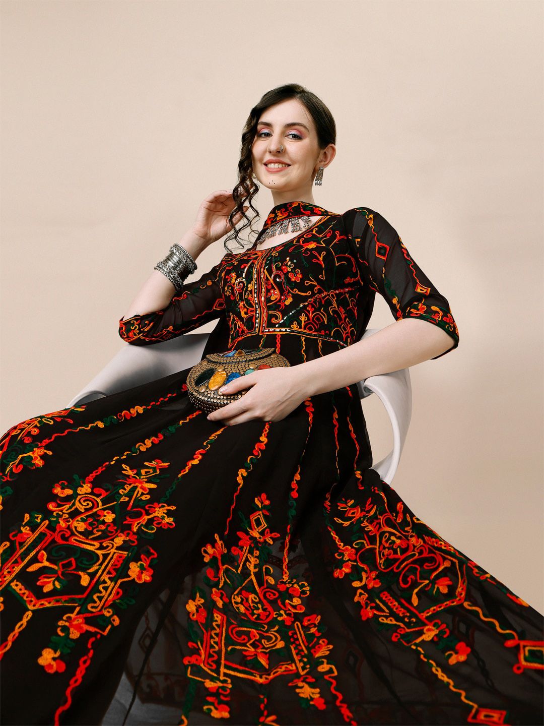 Kalini Floral Thread Work Pleated Anarkali Kurta with Dupatta - Distacart