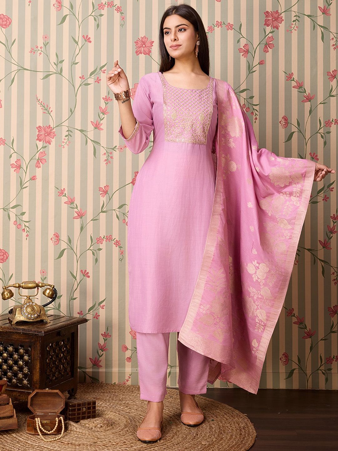 Ode by House of Pataudi Yoke Design Regular Thread Work Kurta with Trousers & With Dupatta - Distacart