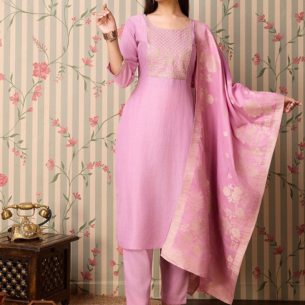 Ode by House of Pataudi Yoke Design Regular Thread Work Kurta with Trousers & With Dupatta - Distacart