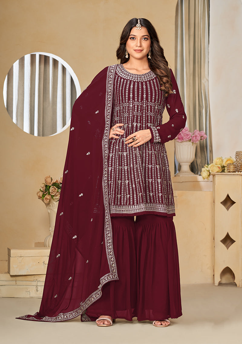 Monjolika Fashion Embroidered Maroon Faux Georgette Trendy Salwar Kameez