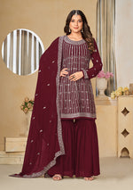 Thumbnail for Monjolika Fashion Embroidered Maroon Faux Georgette Trendy Salwar Kameez