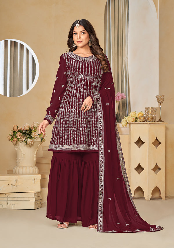 Monjolika Fashion Embroidered Maroon Faux Georgette Trendy Salwar Kameez