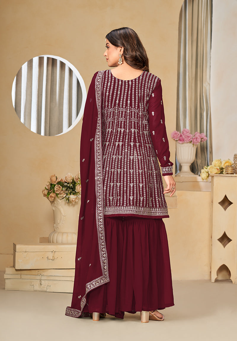 Monjolika Fashion Embroidered Maroon Faux Georgette Trendy Salwar Kameez