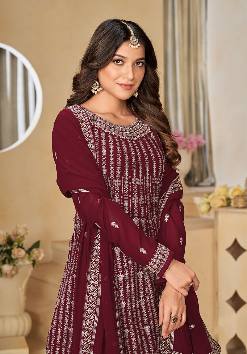 Monjolika Fashion Embroidered Maroon Faux Georgette Trendy Salwar Kameez