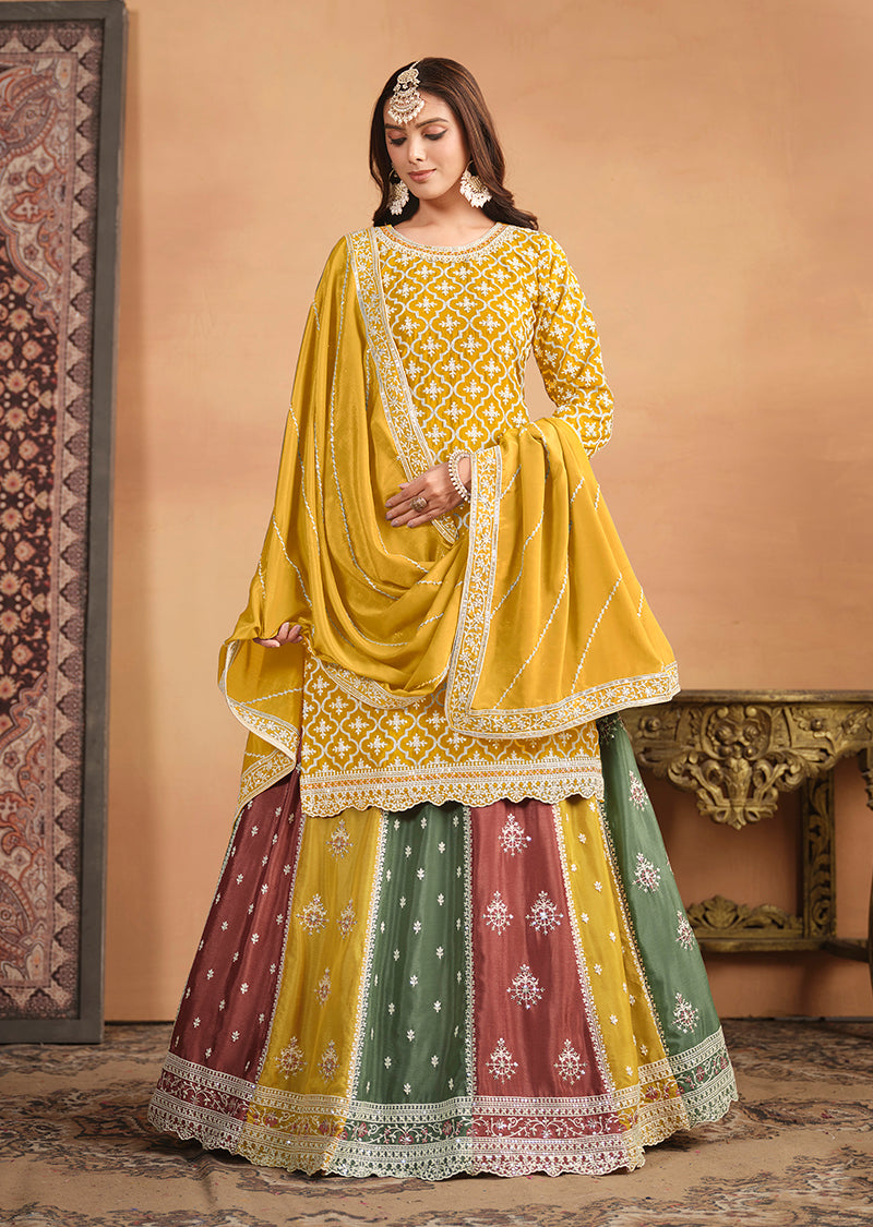 Monjolika Fashion Embroidered Chinon Silk Ethnic Lehenga In Mustard