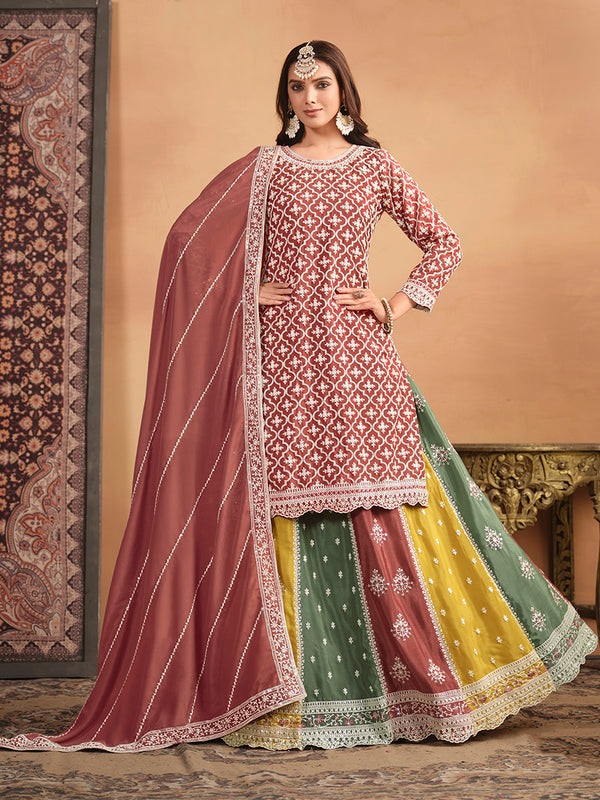 Monjolika Fashion Embroidered Chinon Silk Ethnic Lehenga In Rust Pink