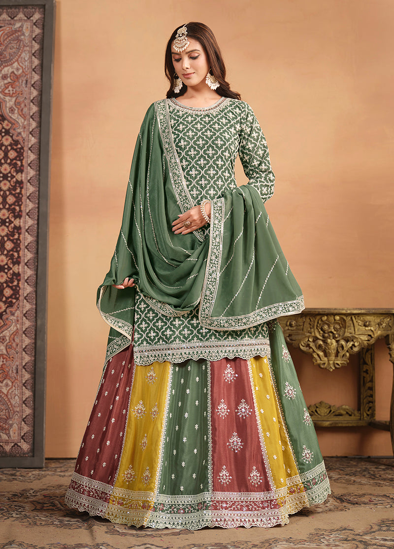 Monjolika Fashion Embroidered Chinon Silk Ethnic Lehenga In Green - Distacart