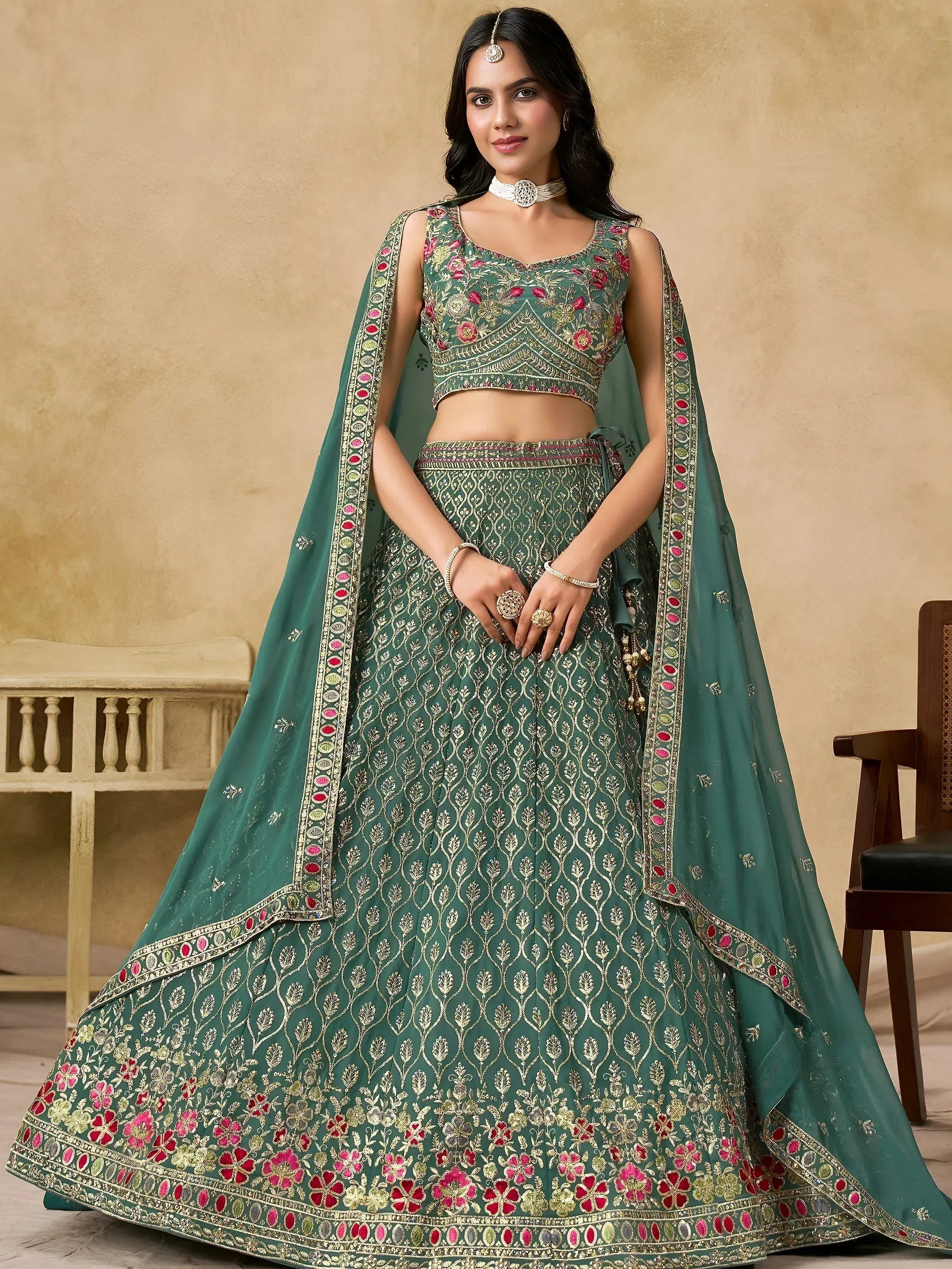 Tulsi Art Charming Green Zari Embroidered Georgette Wedding Wear Lehenga Choli - Dista