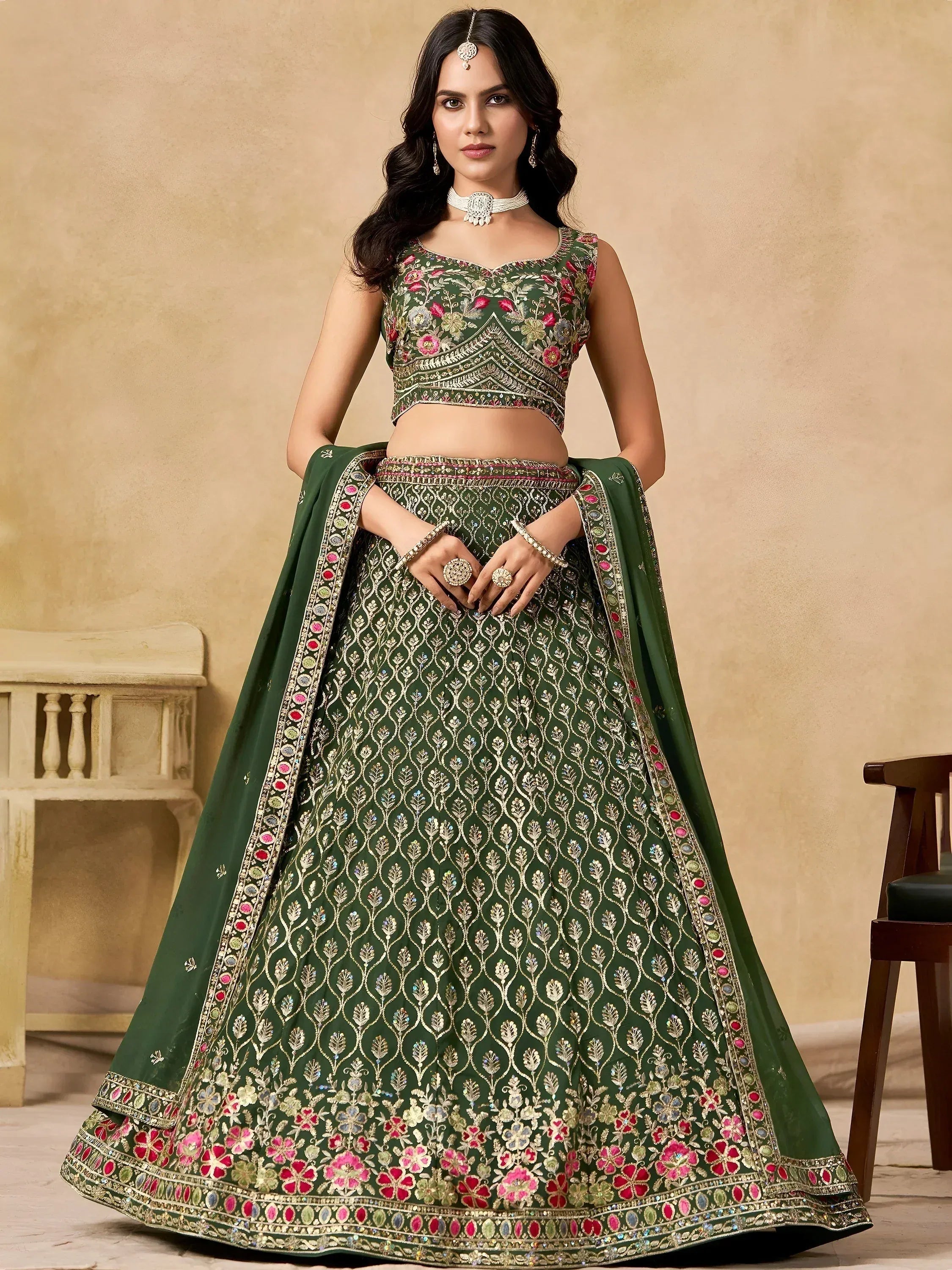 Tulsi Art Beautiful Green Zari Embroidered Georgette Mehendi Wear Lehenga Choli - Dista