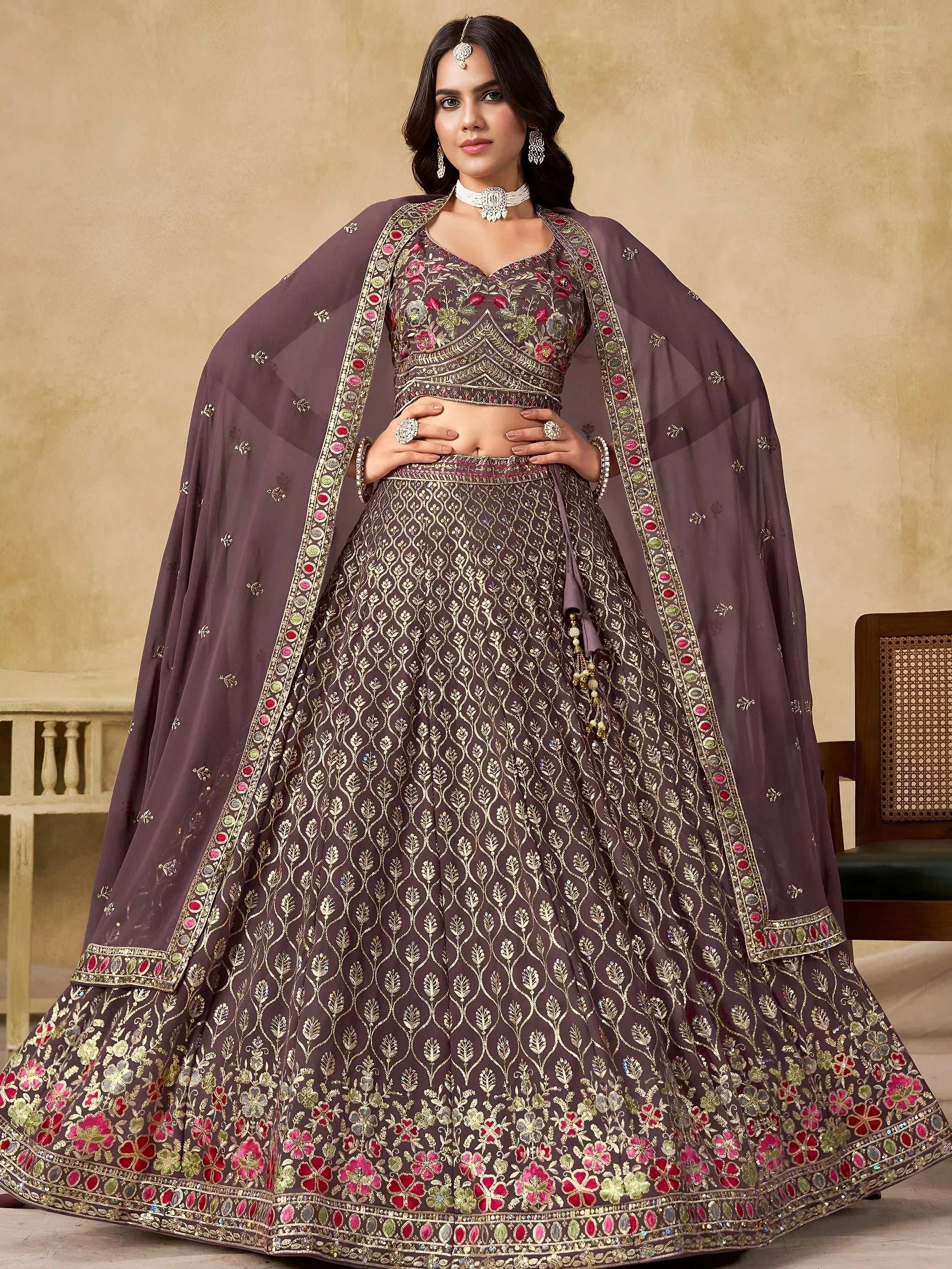 Tulsi Art Amazing Purple Zari Embroidered Georgette Wedding Wear Lehenga Choli - Dista