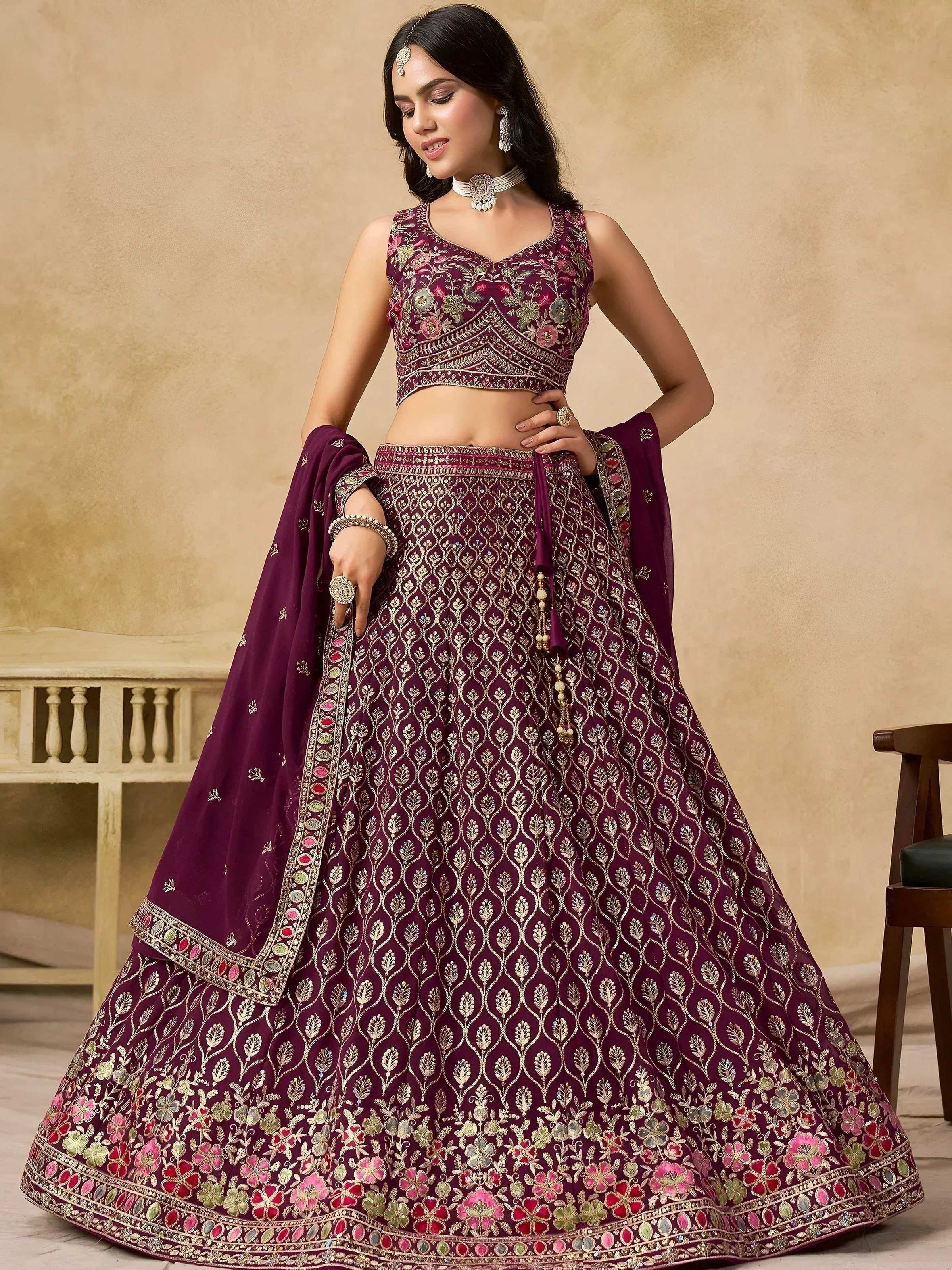 Tulsi Art Alluring Maroon Zari Embroidered Georgette Wedding Wear Lehenga Choli - Dista