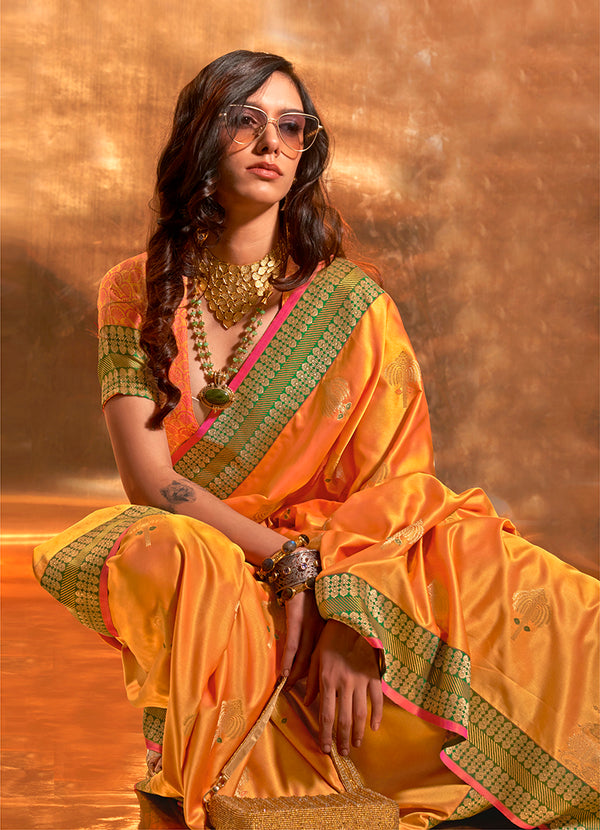 Monjolika Fashion Yellow Colour Satin Silk Zari Woven Designer Saree With Blouse
