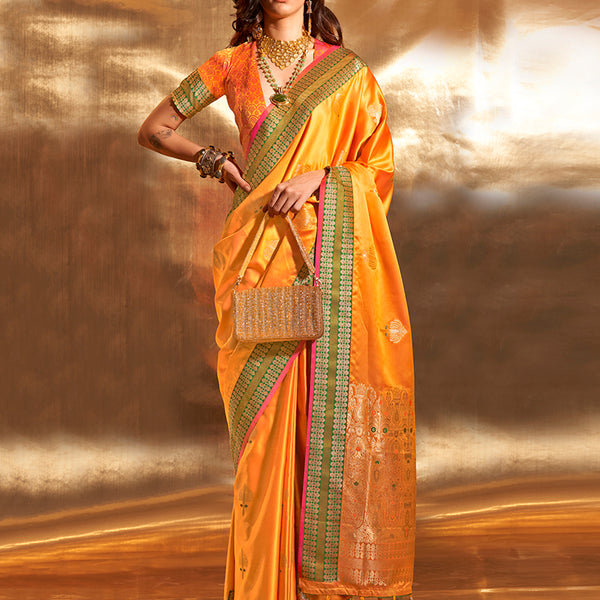 Monjolika Fashion Yellow Colour Satin Silk Zari Woven Designer Saree With Blouse - Distacart