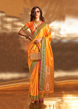 Monjolika Fashion Yellow Colour Satin Silk Zari Woven Designer Saree With Blouse