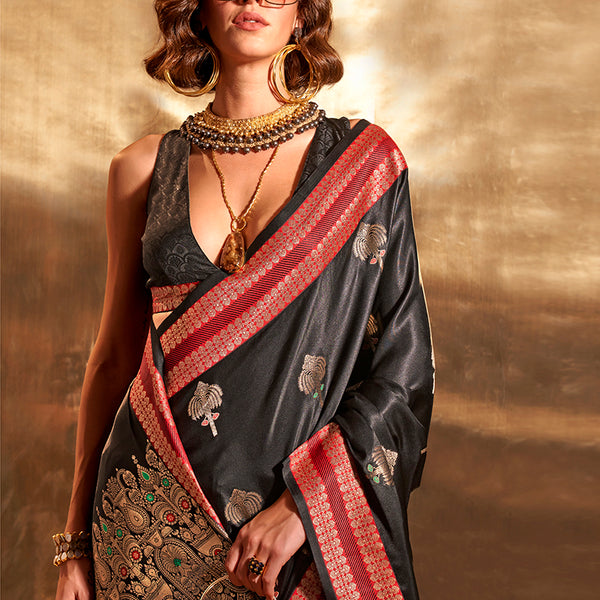 Monjolika Fashion Black Colour Satin Silk Zari Woven Designer Saree With Blouse - Distacart