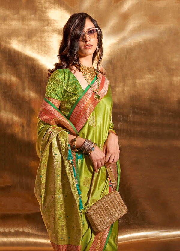 Monjolika Fashion Pear Green Colour Satin Silk Zari Woven Designer Saree With Blouse