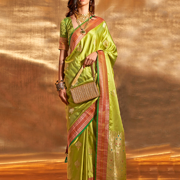 Monjolika Fashion Pear Green Colour Satin Silk Zari Woven Designer Saree With Blouse - Distacart