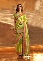 Thumbnail for Monjolika Fashion Pear Green Colour Satin Silk Zari Woven Designer Saree With Blouse