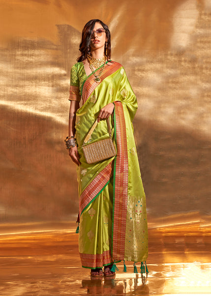Monjolika Fashion Pear Green Colour Satin Silk Zari Woven Designer Saree With Blouse