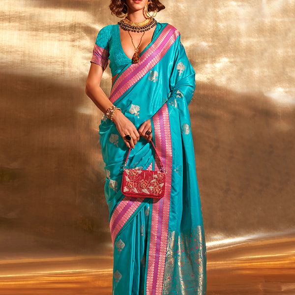 Monjolika Fashion Blue Colour Satin Silk Zari Woven Designer Saree With Blouse - Distacart