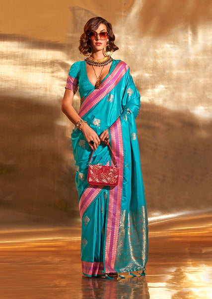 Monjolika Fashion Blue Colour Satin Silk Zari Woven Designer Saree With Blouse