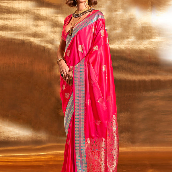Monjolika Fashion Dark Pink Colour Satin Silk Zari Woven Designer Saree With Blouse - Distacart