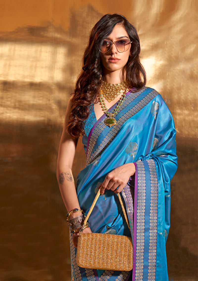 Monjolika Fashion Cobalt Blue Colour Satin Silk Zari Woven Designer Saree With Blouse