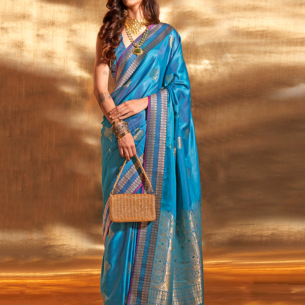Monjolika Fashion Cobalt Blue Colour Satin Silk Zari Woven Designer Saree With Blouse