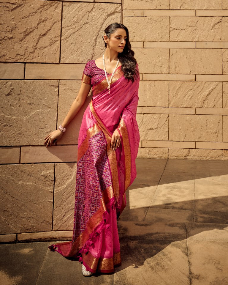 Monjolika Fashion Pink Color Handloom Silk Patola Printed Saree With Blouse - Distacart