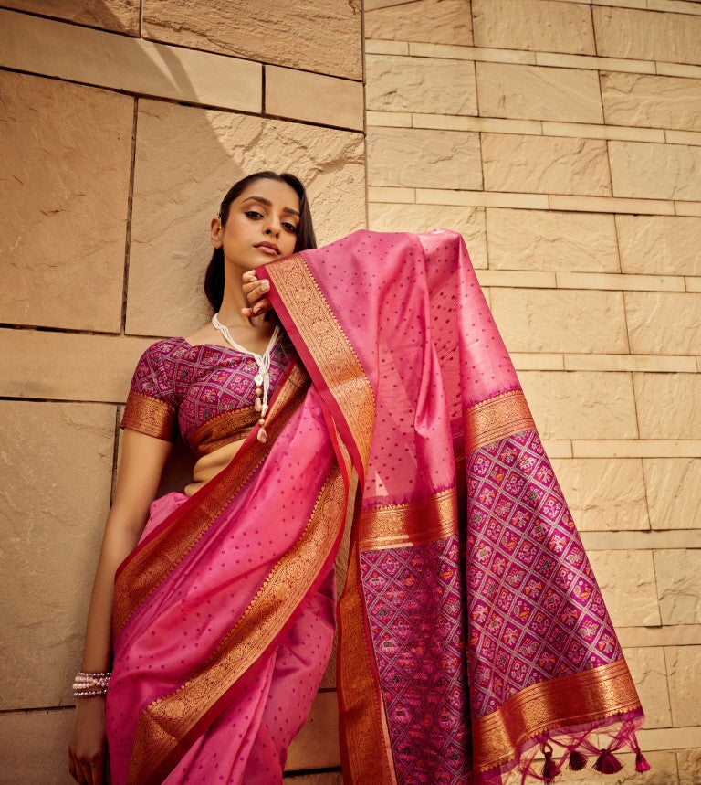 Monjolika Fashion Pink Color Handloom Silk Patola Printed Saree With Blouse - Distacart