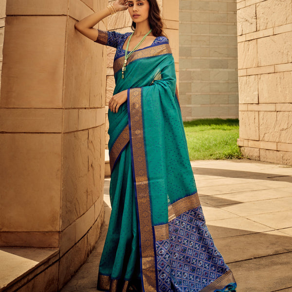 Monjolika Fashion Teal Blue Color Handloom Silk Patola Printed Saree With Blouse - Distacart