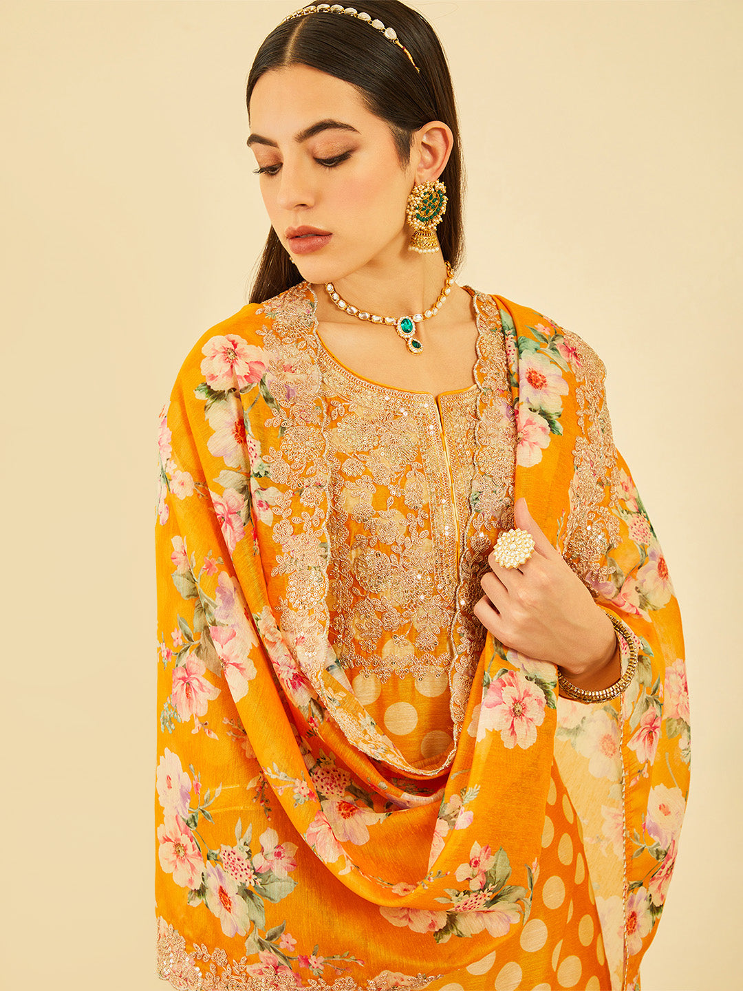 Soch Floral Embroidered Regular Sequinned Chanderi Silk Kurta with Trousers & With Dupatta - Distacart