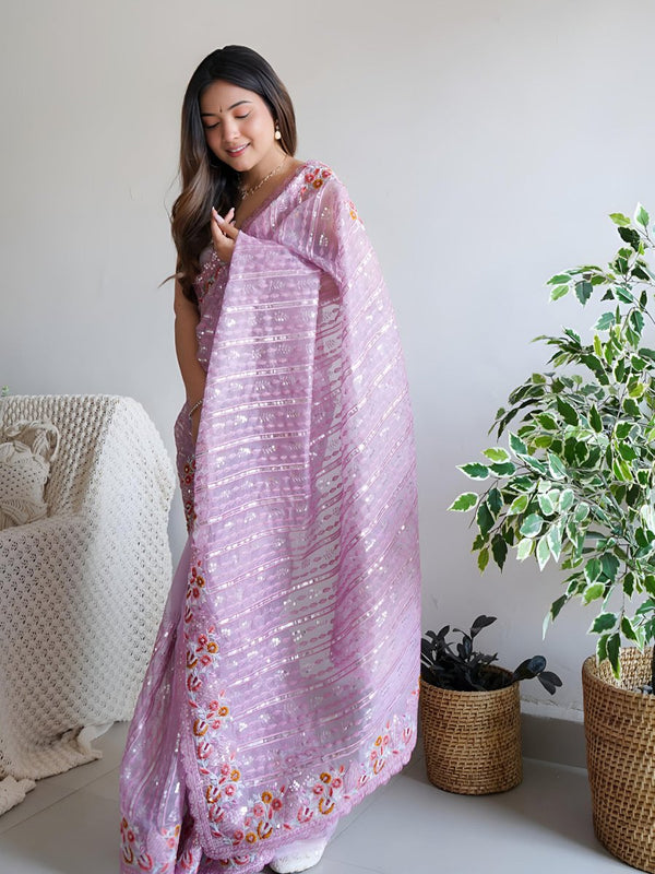 Anouk Lavender Embellished Sequinned Organza Saree - Distacart