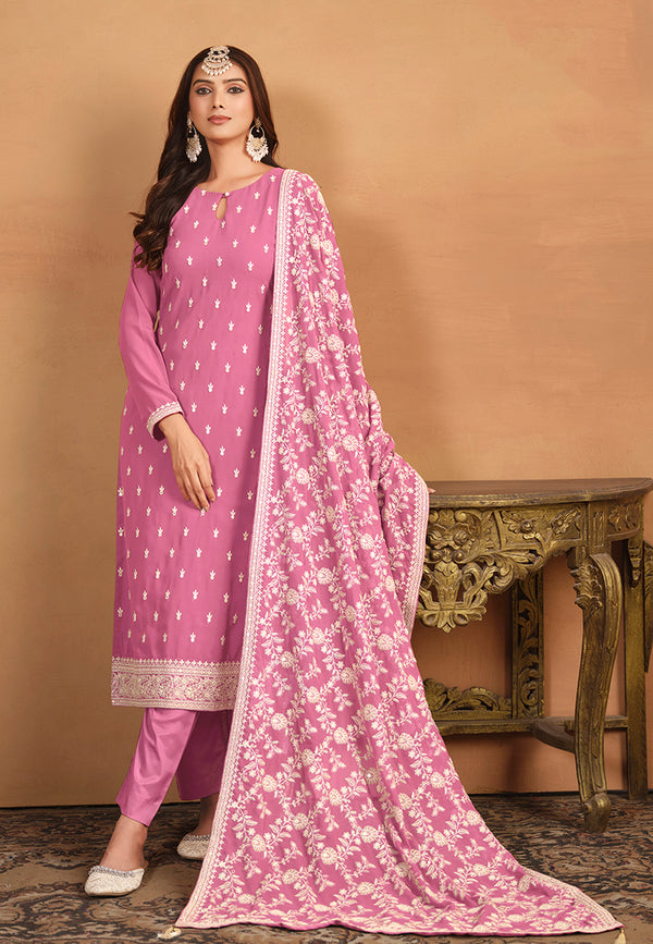 Monjolika Fashion Faux Georgette Embroidered Trendy Salwar Suit In Pink