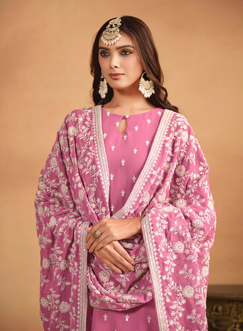 Monjolika Fashion Faux Georgette Embroidered Trendy Salwar Suit In Pink