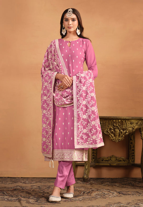 Monjolika Fashion Faux Georgette Embroidered Trendy Salwar Suit In Pink