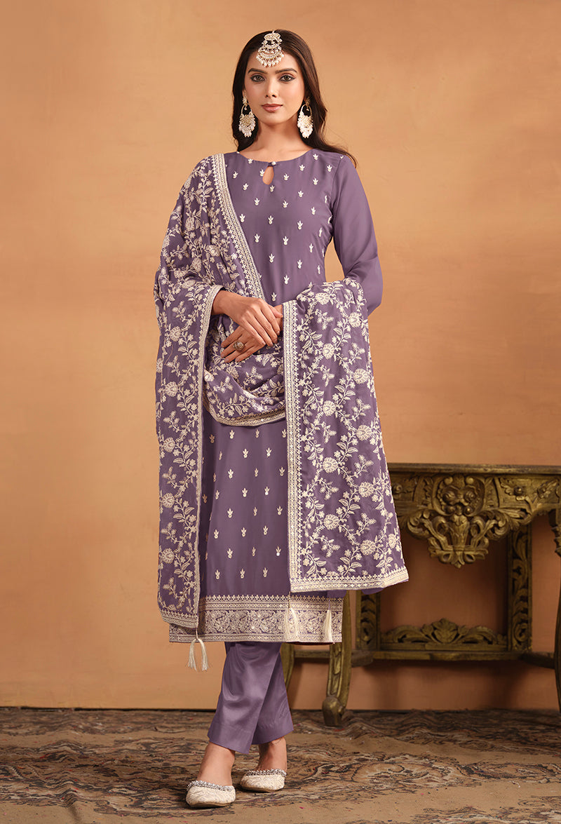 Monjolika Fashion Faux Georgette Embroidered Trendy Salwar Suit In Lavender