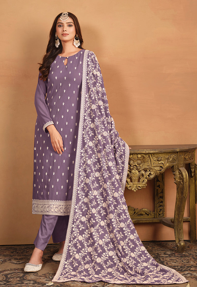 Monjolika Fashion Faux Georgette Embroidered Trendy Salwar Suit In Lavender