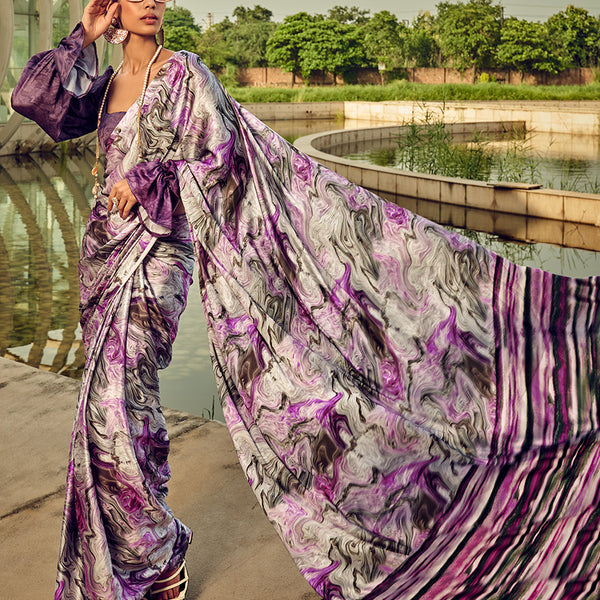 Monjolika Fashion White & Purple Digital Print Satin Trendy Saree - Distacart