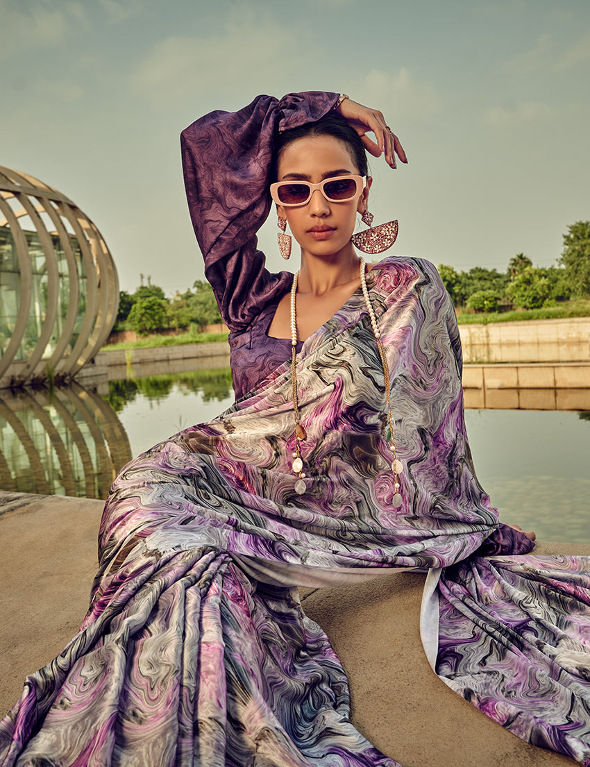 Monjolika Fashion White & Purple Digital Print Satin Trendy Saree