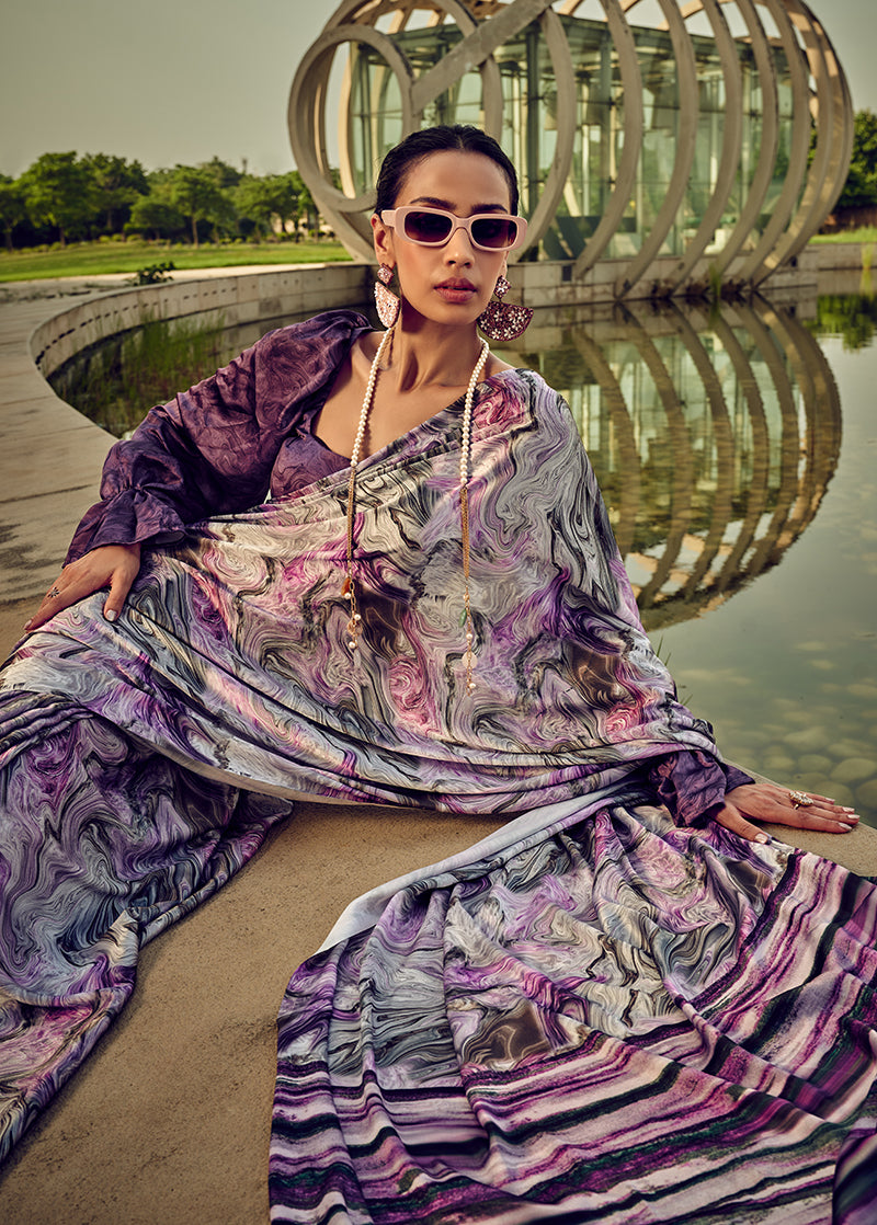 Monjolika Fashion White & Purple Digital Print Satin Trendy Saree